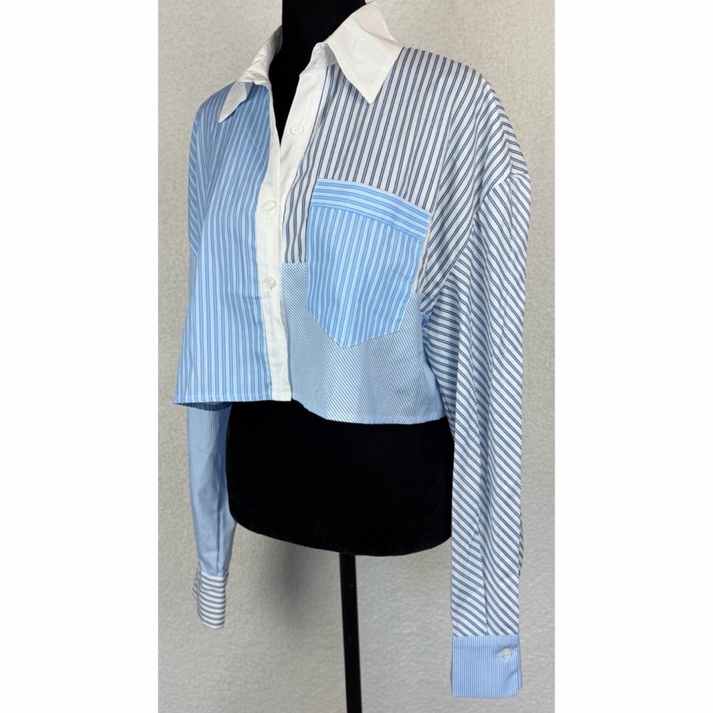 Commense Blue/White Striped Patchwork Cropped But… - image 4